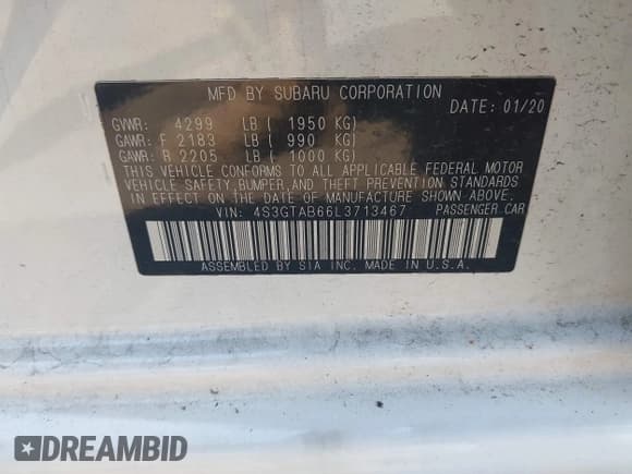 ✅ 2020 Subaru Impreza • VIN: 4S3GTAB66L3713467 • Lot: 42087569. Wystawiony na IAAI z przebiegiem 153 440 mil. Bezpłatny archiwum sprzedaży aukcyjnych z USA i szczegółowy raport historii pojazdu na DreamBid. Zdjęcie 8.