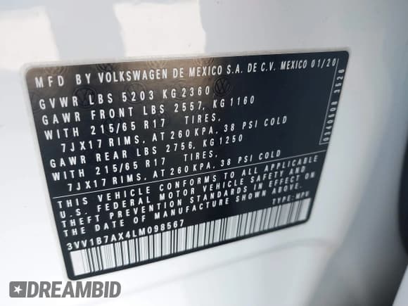 ✅ 2020 Volkswagen Tiguan S • VIN: 3VV1B7AX4LM098567 • Лот: 41504191. Опубликован ранее на IAAI с пробегом 106 012 миль. Бесплатный доступ к архиву аукционных продаж из США и подробный отчёт об истории автомобиля на DreamBid. Изображение 9.