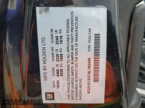 ✅ 2004 Pontiac GTO • VIN: 6G2VX12G74L182440 • Lot: 91163355. Listed on Copart with 95,496 mi. Free auction sales archive from the USA and detailed vehicle history report at DreamBid. Image 12.