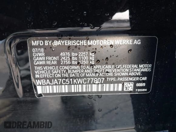 ✅ 2019 BMW 5 Series 530i xDrive • VIN: WBAJA7C51KWC77807 • Lot: 42695407. Listed on IAAI with 74,747 mi. Free auction sales archive from the USA and detailed vehicle history report at DreamBid. Image 9.