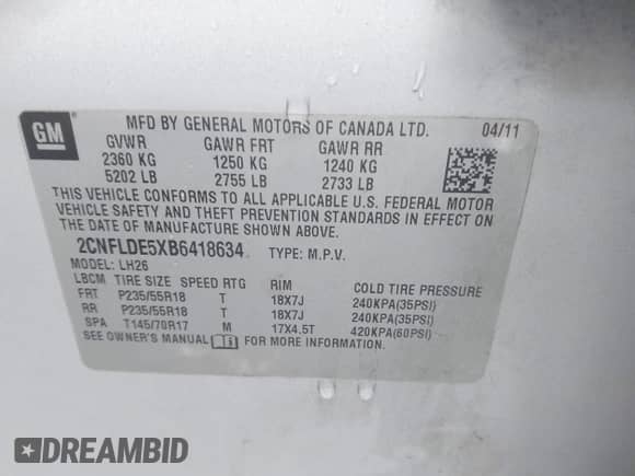 2011 Chevrolet Equinox 1LT с VIN 2CNFLDE5XB6418634, выставлен на аукционе IAAI как лот 42351366 с пробегом 186 108 миль миль и . История ставок и продаж доступна на DreamBid. Изображение 9.