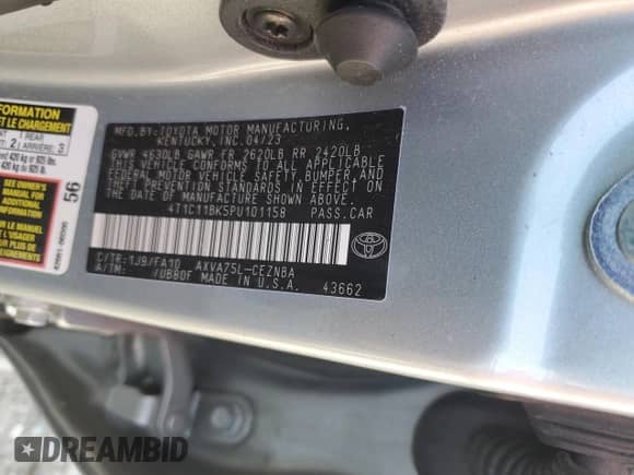 2023 Toyota Camry LE с VIN 4T1C11BK5PU101158, выставлен на аукционе Copart как лот 83780735 с пробегом 24 559 миль миль и На запчасти • Non repairable. История ставок и продаж доступна на DreamBid. Изображение 12.