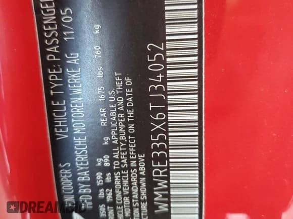 ✅ 2006 MINI Hardtop S • VIN: WMWRE335X6TJ34052 • Lot: 82626565. Listed on Copart with 96,761 mi. Free auction sales archive from the USA and detailed vehicle history report at DreamBid. Image 12.