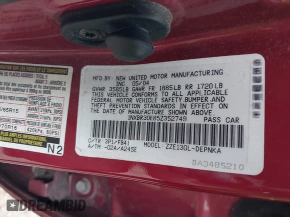 ✅ 2005 Toyota Corolla S • VIN: 1NXBR30E85Z352749 • Lot: 43806634. Listed on IAAI with 210,809 mi. Free auction sales archive from the USA and detailed vehicle history report at DreamBid. Image 9.