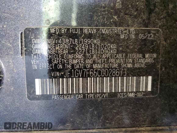 ✅ 2012 Subaru WRX WRX Premium • VIN: JF1GV7F65CG028673 • Lot: 71665645. Listed on Copart with 125,564 mi. Free auction sales archive from the USA and detailed vehicle history report at DreamBid. Image 12.