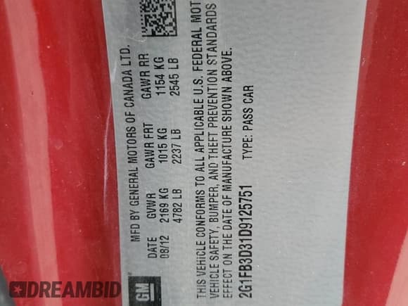 ✅ 2013 Chevrolet Camaro LT • VIN: 2G1FB3D31D9125751 • Лот: 49643935. Опубликован ранее на Copart с пробегом 169 571 миль. Бесплатный доступ к архиву аукционных продаж из США и подробный отчёт об истории автомобиля на DreamBid. Изображение 12.