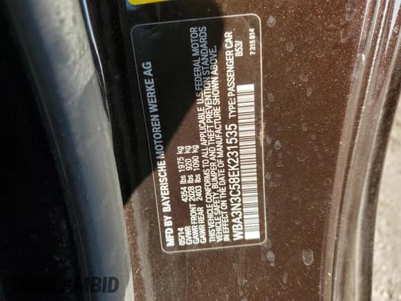 ✅ 2014 BMW 4 Series 428i • VIN: WBA3N3C58EK231535 • Lot: 93372885. Listed on Copart with 143,989 mi. Free auction sales archive from the USA and detailed vehicle history report at DreamBid. Image 12.