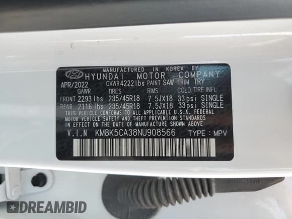 ✅ 2022 Hyundai Kona Limited • VIN: KM8K5CA38NU908566 • Лот: 70189874. Опубликован ранее на Copart с пробегом 47 664 миль. Бесплатный доступ к архиву аукционных продаж из США и подробный отчёт об истории автомобиля на DreamBid. Изображение 14.