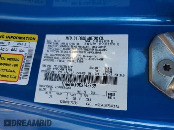 ✅ 2019 Ford Mustang GT • VIN: 1FA6P8CF0K5143739 • Lot: 82563605. Listed on Copart with 57,473 mi. Free auction sales archive from the USA and detailed vehicle history report at DreamBid. Image 12.