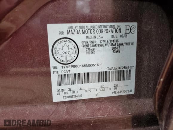 ✅ 2006 Mazda 6 i • VIN: 1YVFP80C165M53516 • Лот: 61102185. Опубликован ранее на Copart с пробегом 190 608 миль. Бесплатный доступ к архиву аукционных продаж из США и подробный отчёт об истории автомобиля на DreamBid. Изображение 13.