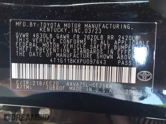 2023 Toyota Camry SE with VIN 4T1G11BKXPU097643, listed as a IAAI auction lot 42833306 with 23,580 mi miles and . Bid and sale history available at DreamBid. Image 9.