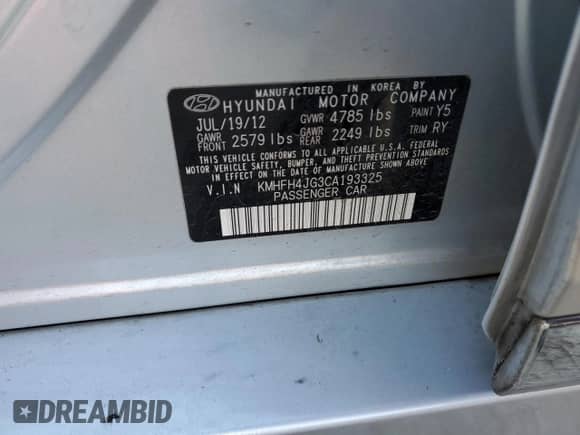 2012 Hyundai Azera с VIN KMHFH4JG3CA193325, выставлен на аукционе Copart как лот 82984174 с пробегом 129 408 миль миль и Списание • Salvage title. История ставок и продаж доступна на DreamBid. Изображение 12.