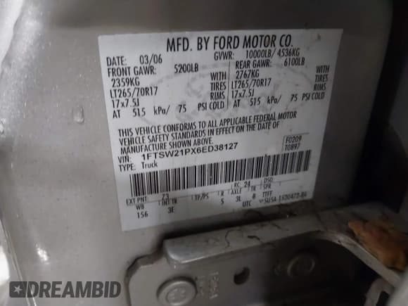 ✅ 2006 Ford F-250 XL • VIN: 1FTSW21PX6ED38127 • Lot: 41444879. Listed on IAAI with 209,064 mi. Free auction sales archive from the USA and detailed vehicle history report at DreamBid. Image 9.