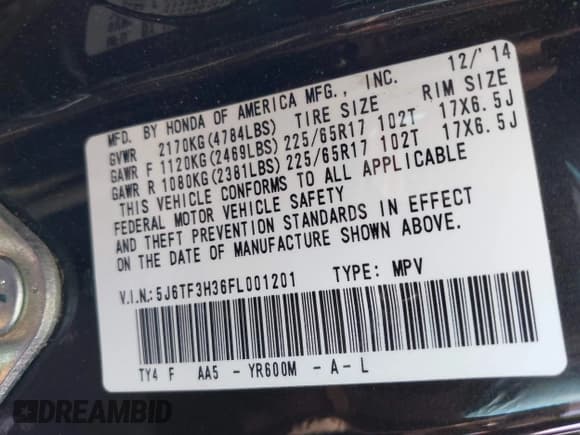 ✅ 2015 Honda Crosstour EX • VIN: 5J6TF3H36FL001201 • Lot: 43508592. Listed on IAAI with 132,700 mi. Free auction sales archive from the USA and detailed vehicle history report at DreamBid. Image 9.