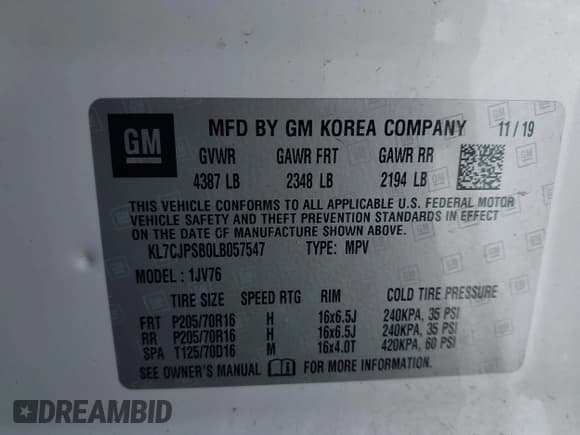 ✅ 2020 Chevrolet Trax LT • VIN: KL7CJPSB0LB057547 • Lot: 42302289. Wystawiony na IAAI z przebiegiem 46 590 mil. Bezpłatny archiwum sprzedaży aukcyjnych z USA i szczegółowy raport historii pojazdu na DreamBid. Zdjęcie 9.