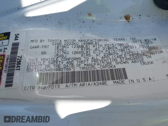 ✅ 2011 Toyota Tacoma • VIN: 5TFTX4CN4BX002786 • Lot: 42077964. Listed on IAAI with 204,824 mi. Free auction sales archive from the USA and detailed vehicle history report at DreamBid. Image 9.