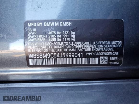 ✅ 2018 BMW M3 • VIN: WBS8M9C54J5K99041 • Lot: 43798544. Listed on Copart with 18,972 mi. Free auction sales archive from the USA and detailed vehicle history report at DreamBid. Image 14.