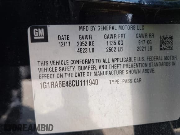 ✅ 2012 Chevrolet Volt • VIN: 1G1RA6E48CU111940 • Lot: 42937374. Listed on IAAI with 141,540 mi. Free auction sales archive from the USA and detailed vehicle history report at DreamBid. Image 9.