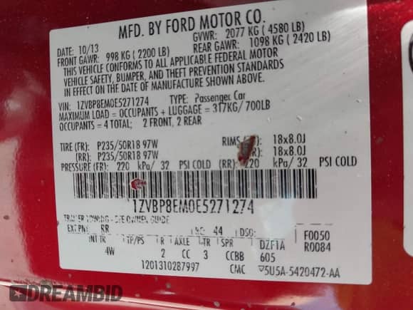 2014 Ford Mustang V6 с VIN 1ZVBP8EM0E5271274, выставлен на аукционе IAAI как лот 42962485 с пробегом 71 422 миль миль и . История ставок и продаж доступна на DreamBid. Изображение 9.