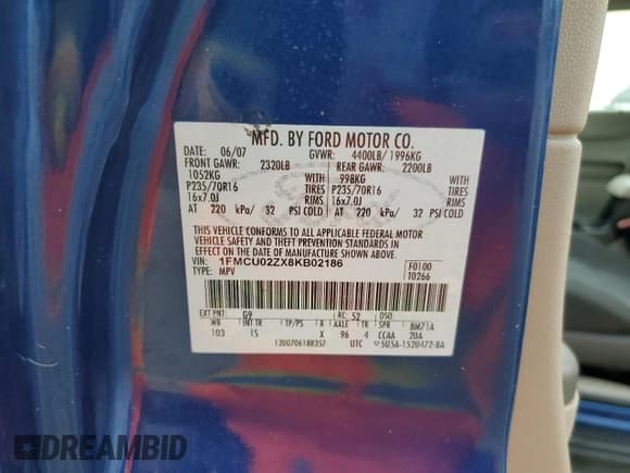 ✅ 2008 Ford Escape XLS • VIN: 1FMCU02ZX8KB02186 • Lot: 55573725. Listed on Copart with 198,514 mi. Free auction sales archive from the USA and detailed vehicle history report at DreamBid. Image 12.