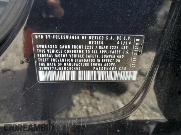 ✅ 2014 Volkswagen Jetta GLI • VIN: 3VW5T7AJ8EM260452 • Lot: 69499755. Listed on Copart with 226,570 mi. Free auction sales archive from the USA and detailed vehicle history report at DreamBid. Image 13.