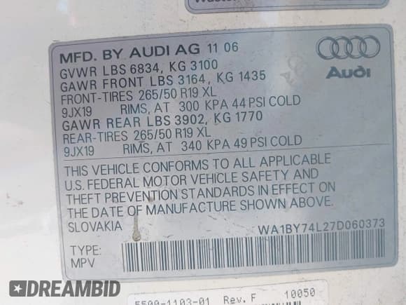 ✅ 2007 Audi Q7 Premium • VIN: WA1BY74L27D060373 • Lot: 43389071. Listed on IAAI with 186,376 mi. Free auction sales archive from the USA and detailed vehicle history report at DreamBid. Image 9.