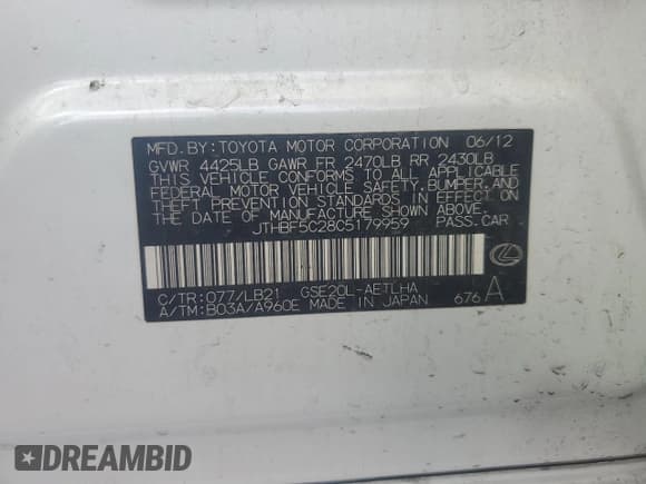 ✅ 2012 Lexus IS 250 • VIN: JTHBF5C28C5179959 • Lot: 92741605. Listed on Copart with Not provided. Free auction sales archive from the USA and detailed vehicle history report at DreamBid. Image 12.