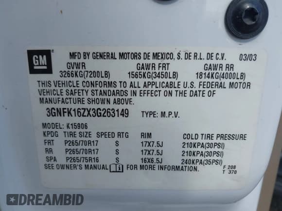 ✅ 2003 Chevrolet Suburban LS • VIN: 3GNFK16ZX3G263149 • Lot: 41800306. Listed on IAAI with 258,944 mi. Free auction sales archive from the USA and detailed vehicle history report at DreamBid. Image 9.