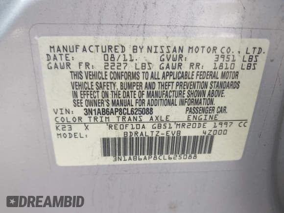 ✅ 2012 Nissan Sentra S • VIN: 3N1AB6AP8CL625088 • Лот: 43133533. Опубликован ранее на IAAI с пробегом 134 445 миль. Бесплатный доступ к архиву аукционных продаж из США и подробный отчёт об истории автомобиля на DreamBid. Изображение 9.