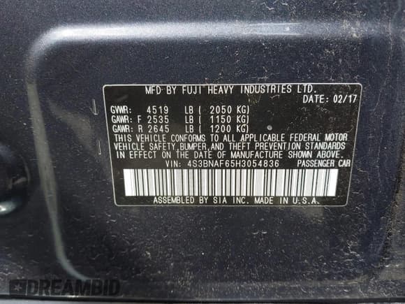 ✅ 2017 Subaru Legacy Premium • VIN: 4S3BNAF65H3054836 • Lot: 42222125. Listed on IAAI with 69,048 mi. Free auction sales archive from the USA and detailed vehicle history report at DreamBid. Image 9.