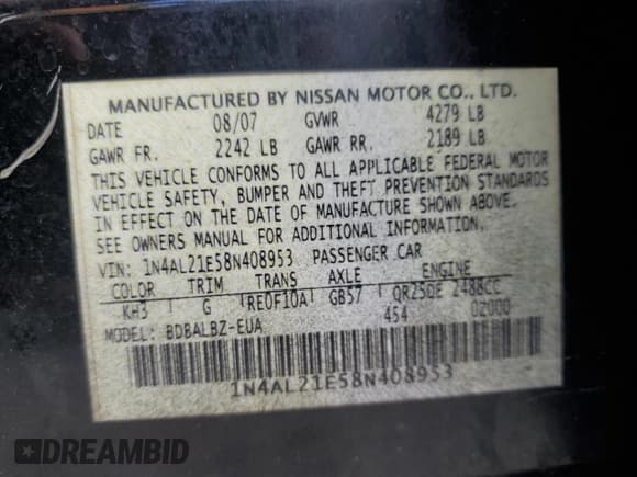 ✅ 2008 Nissan Altima SL • VIN: 1N4AL21E58N408953 • Lot: 81312225. Listed on Copart with 143,278 mi. Free auction sales archive from the USA and detailed vehicle history report at DreamBid. Image 12.