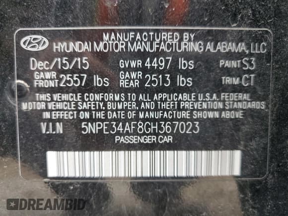 ✅ 2016 Hyundai Sonata Sport • VIN: 5NPE34AF8GH367023 • Lot: 36230183. Listed on Copart with 68,079 mi. Free auction sales archive from the USA and detailed vehicle history report at DreamBid. Image 13.