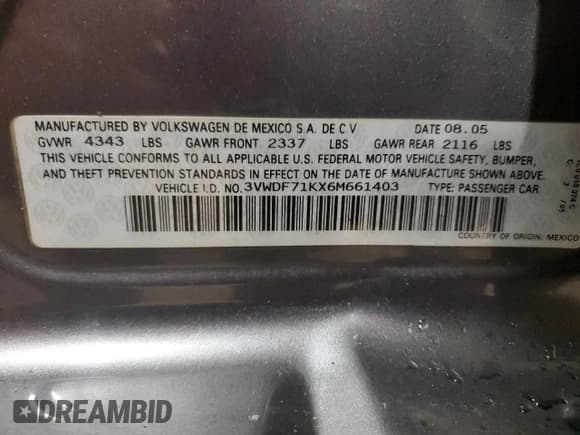 ✅ 2006 Volkswagen Jetta 2.5L • VIN: 3VWDF71KX6M661403 • Lot: 60983975. Listed on Copart with 189,000 mi. Free auction sales archive from the USA and detailed vehicle history report at DreamBid. Image 12.