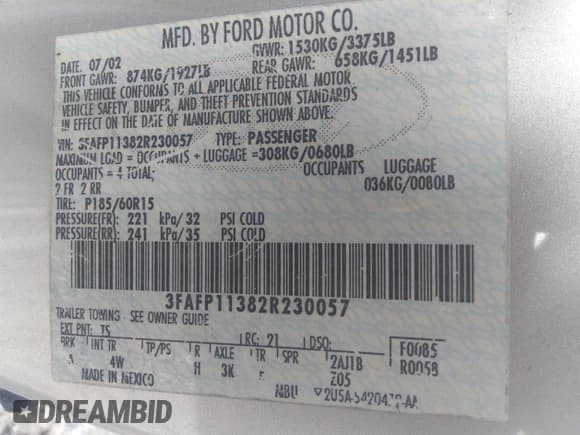 ✅ 2002 Ford Escort ZX2 Standard • VIN: 3FAFP11382R230057 • Lot: 42338923. Listed on IAAI with 111,587 mi. Free auction sales archive from the USA and detailed vehicle history report at DreamBid. Image 9.