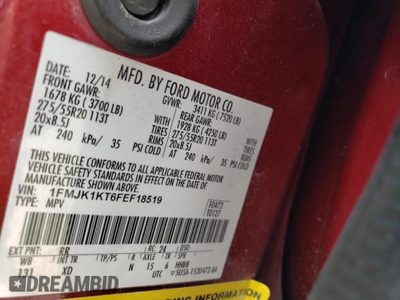 ✅ 2015 Ford Expedition Max Limited • VIN: 1FMJK1KT6FEF18519 • Lot: 59339725. Listed on Copart with 100,208 mi. Free auction sales archive from the USA and detailed vehicle history report at DreamBid. Image 12.