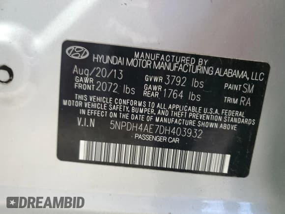 ✅ 2013 Hyundai Elantra Limited • VIN: 5NPDH4AE7DH403932 • Lot: 91611895. Listed on Copart with 109,798 mi. Free auction sales archive from the USA and detailed vehicle history report at DreamBid. Image 12.