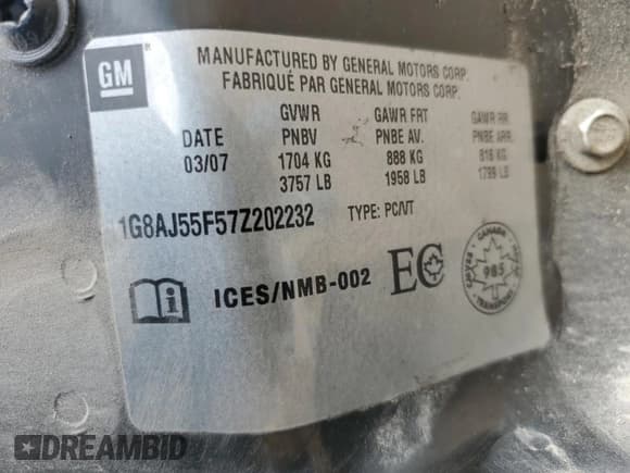 ✅ 2007 Saturn ION ION 2 • VIN: 1G8AJ55F57Z202232 • Lot: 60303425. Wystawiony na Copart z przebiegiem 188 200 mil. Bezpłatny archiwum sprzedaży aukcyjnych z USA i szczegółowy raport historii pojazdu na DreamBid. Zdjęcie 12.