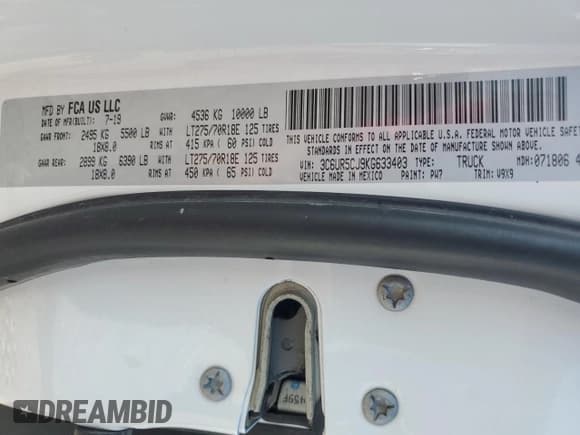 ✅ 2019 Ram 2500 Tradesman • VIN: 3C6UR5CJ9KG633403 • Лот: 68459035. Опубликован ранее на Copart с пробегом 52 888 миль. Бесплатный доступ к архиву аукционных продаж из США и подробный отчёт об истории автомобиля на DreamBid. Изображение 12.