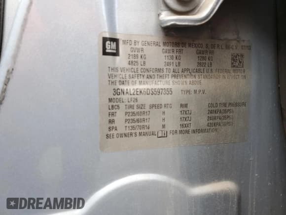 ✅ 2013 Chevrolet Captiva Sport LS • VIN: 3GNAL2EK6DS597355 • Lot: 48567615. Wystawiony na Copart z przebiegiem 149 685 mil. Bezpłatny archiwum sprzedaży aukcyjnych z USA i szczegółowy raport historii pojazdu na DreamBid. Zdjęcie 13.