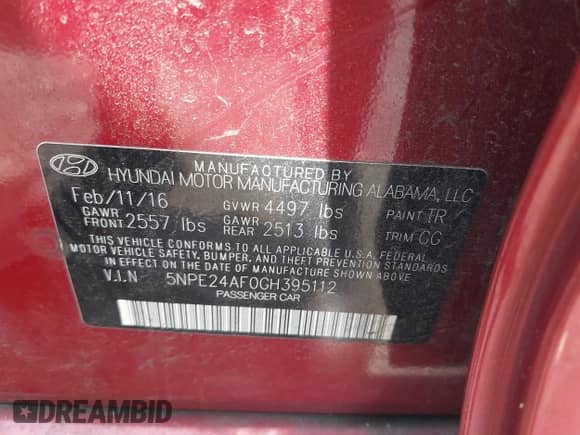 2016 Hyundai Sonata 2.4L z VIN 5NPE24AF0GH395112, wystawiony jako IAAI lot #42568193 z przebiegiem 103 612 mil mil oraz . Historia ofert i sprzedaży dostępna na DreamBid. Obrazek 9.