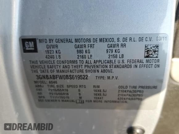 ✅ 2011 Chevrolet HHR 1LT • VIN: 3GNBABFW0BS619522 • Lot: 44583035. Listed on Copart with 136,774 mi. Free auction sales archive from the USA and detailed vehicle history report at DreamBid. Image 14.