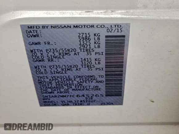 ✅ 2015 Nissan Pathfinder Platinum • VIN: 5N1AR2MM7FC645265 • Lot: 91763425. Listed on Copart with 121,096 mi. Free auction sales archive from the USA and detailed vehicle history report at DreamBid. Image 13.