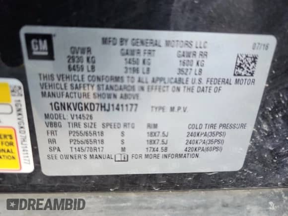 2017 Chevrolet Traverse LT с VIN 1GNKVGKD7HJ141177, выставлен на аукционе Copart как лот 90145805 с пробегом 150 983 миль миль и Чистый • Clean title. История ставок и продаж доступна на DreamBid. Изображение 13.