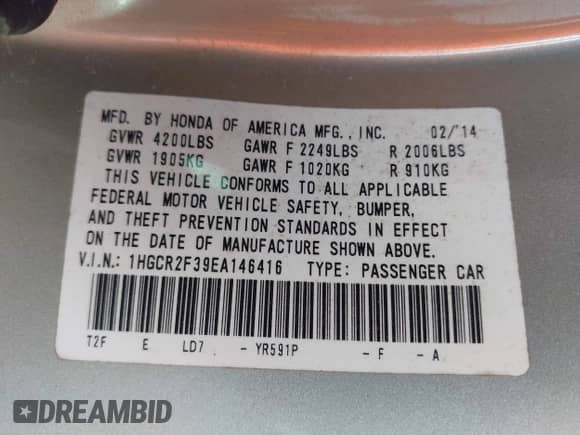 2014 Honda Accord LX with VIN 1HGCR2F39EA146416, listed as a IAAI auction lot 43445178 with 112,574 mi miles and . Bid and sale history available at DreamBid. Image 9.
