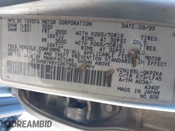 ✅ 2000 Toyota 4Runner Limited • VIN: JT3HN87R8Y0267992 • Lot: 43482264. Listed on IAAI with Not provided. Free auction sales archive from the USA and detailed vehicle history report at DreamBid. Image 9.