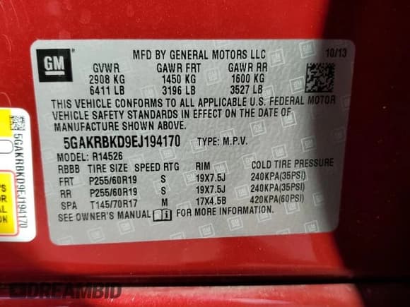 ✅ 2014 Buick Enclave Leather • VIN: 5GAKRBKD9EJ194170 • Lot: 82351025. Listed on Copart with 133,287 mi. Free auction sales archive from the USA and detailed vehicle history report at DreamBid. Image 13.