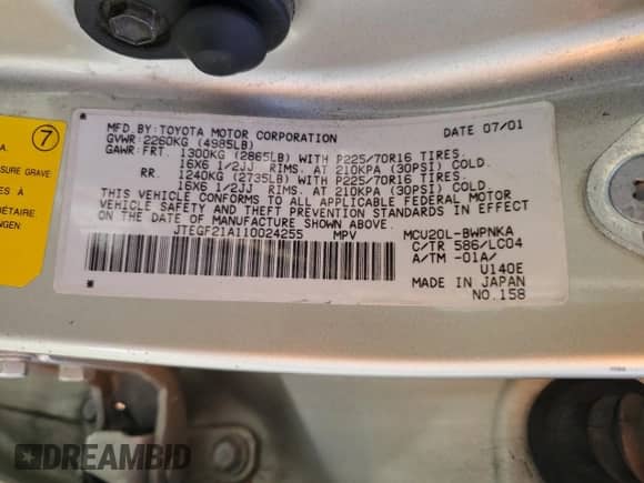 2001 Toyota Highlander с VIN JTEGF21A110024255, выставлен на аукционе Copart как лот 69804835 с пробегом 153 145 миль миль и Списание • Salvage title. История ставок и продаж доступна на DreamBid. Изображение 13.