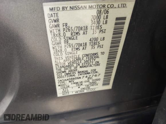 ✅ 2006 Nissan Armada LE • VIN: 5N1AA08B06N742767 • Лот: 42709030. Опубликован ранее на IAAI с пробегом 209 200 миль. Бесплатный доступ к архиву аукционных продаж из США и подробный отчёт об истории автомобиля на DreamBid. Изображение 9.