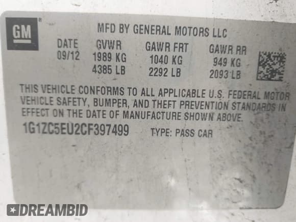 ✅ 2012 Chevrolet Malibu 1LT • VIN: 1G1ZC5EU2CF397499 • Lot: 43474063. Listed on IAAI with 77,360 mi. Free auction sales archive from the USA and detailed vehicle history report at DreamBid. Image 9.