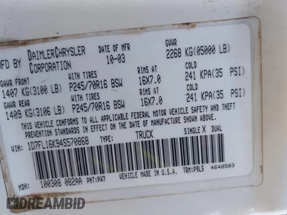 ✅ 2004 Dodge Dakota • VIN: 1D7FL16K94S570868 • Lot: 42248206. Listed on IAAI with 223,448 mi. Free auction sales archive from the USA and detailed vehicle history report at DreamBid. Image 9.